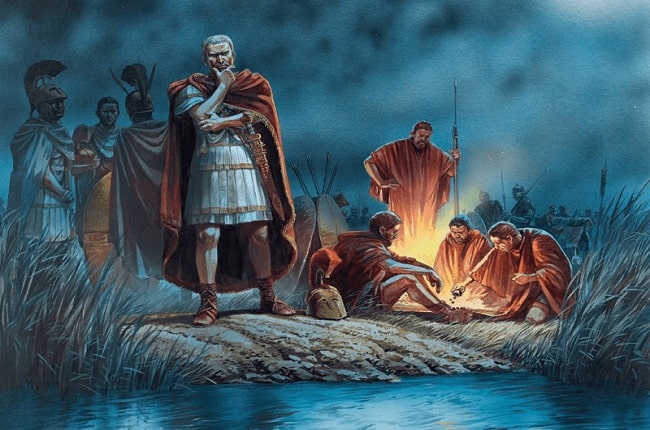 Ilustración de Peter Dennis que representa a Julio César pensando si debía o no cruzar el río Rubicón