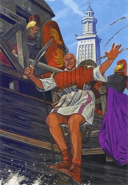Ilustración que representa a Julio César lanzándose al agua para huir de la batalla sin su coraza y su capa