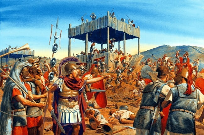 Ilustración de Steve Noon que recrea el momento de la primera batalla de Filipos