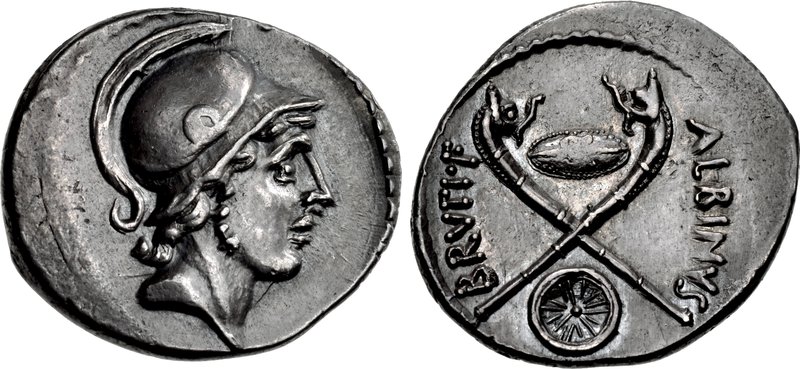 Moneda romana dedicada a Décimo Bruto, protagonista en la guerra de Módena y la batalla de Mutina