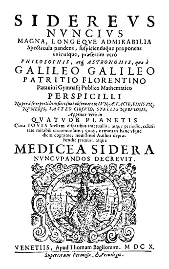 Portada de la obra Sidereus Nuncius publicada en 1610 por Galileo Galilei