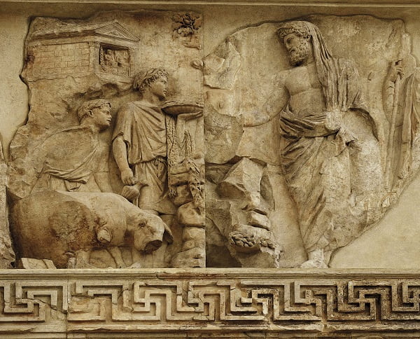 Representación del relieve del héroe Eneas en el altar de la paz augustea