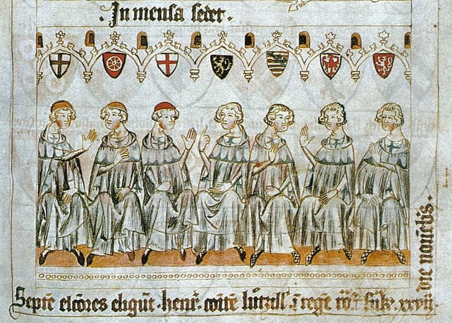 Miniatura del Codex Balduineus en la que se representa a los siete príncipes electores de Enrique VII del Sacro Imperio Romano Germánico