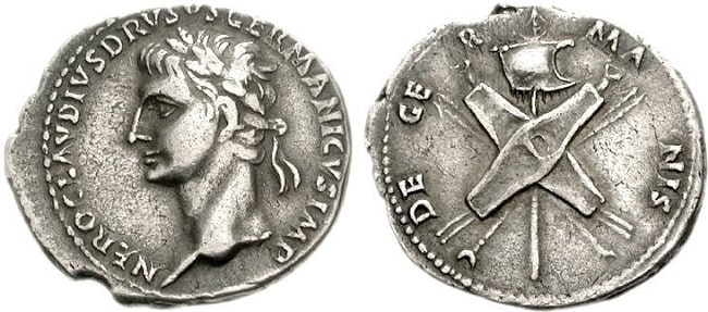 Moneda romana acuñada por el emperador Claudio en honor de su padre