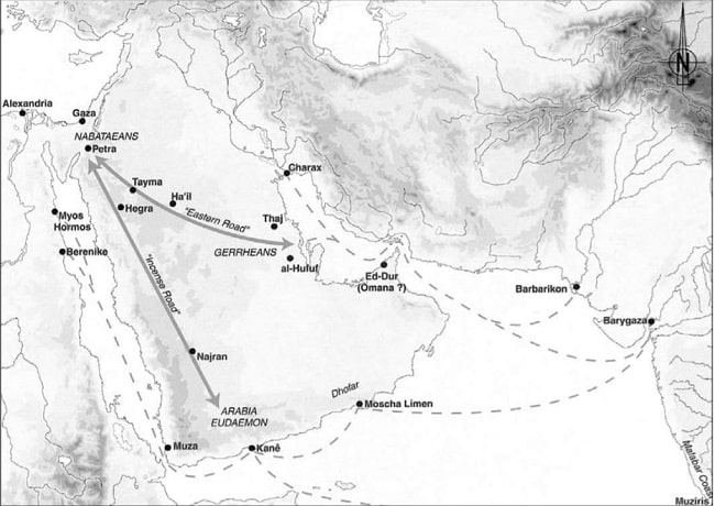 Mapa en inglés que muestra las rutas comerciales de Arabia en el siglo I d.C.