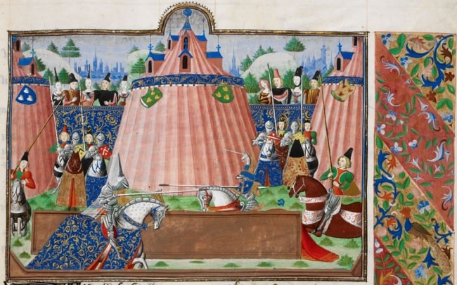 Torneo de Saint Inglevert (Normandía) en 1390 donde tres caballeros luchan por 30 días con todos los que se atrevieran. Es una ilustración sobre los juicios de Dios que aparece en las Crónicas de Jean Froissart