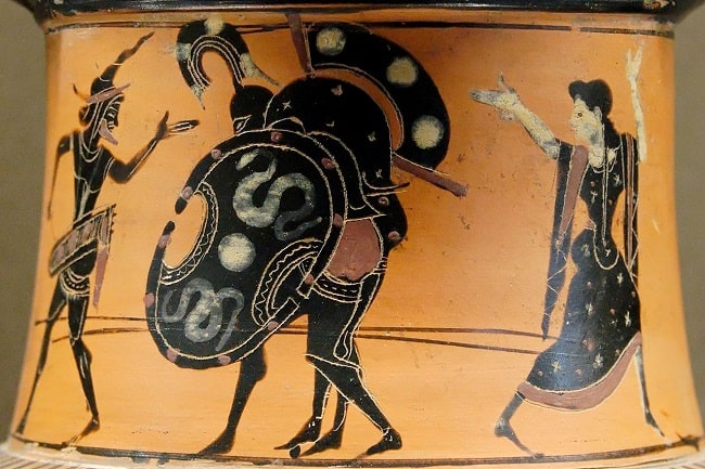 Ánfora del siglo VI a.C. en la que aparece Áyax el Grande llevando el cadáver de Aquiles protegido de los dioses Hermes y Atenea