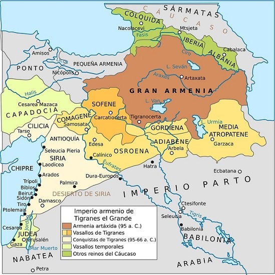 El imperio de Tigranes II el Grande de Armenia en su máxima expansión