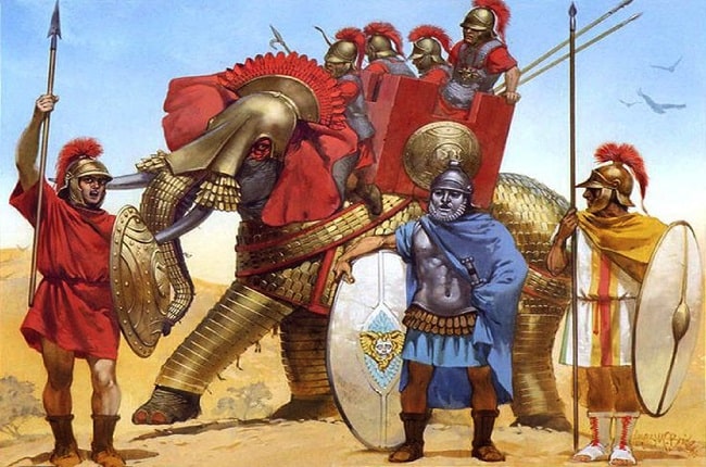 Ilustración de Angus McBride que recrea a varias unidades del ejército del rey Seléuco II