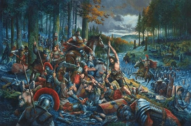 Ilustración de Christian Jegou que recrea uno de los asaltos de la batalla de Teutoburgo