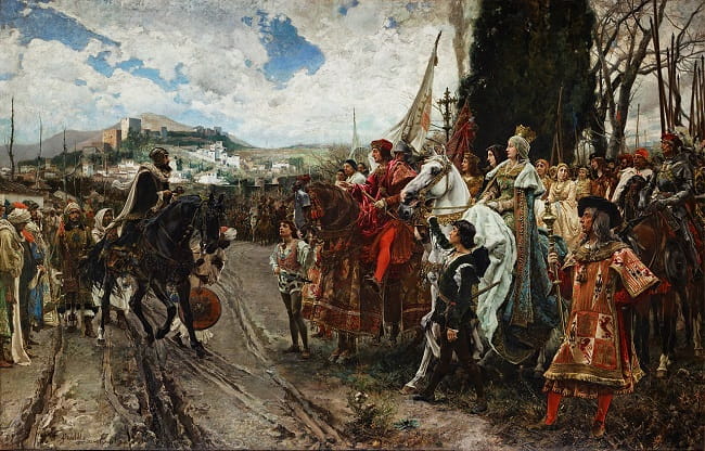 La toma de Granada por los Reyes Católicos en la fecha del 2 de enero de 1492 de manos de Boabdil es lo que recrea esta obra de Francisco Pradilla y Ortiz (1882)