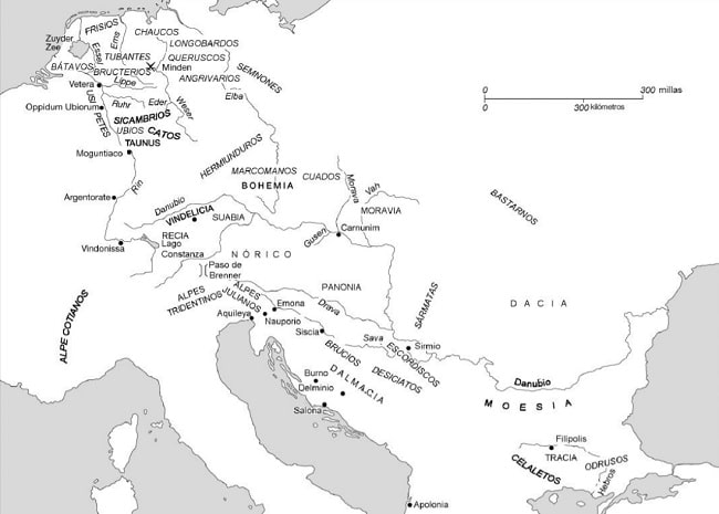 Mapa de los pueblos agrupados en torno al Danubio y el Rin