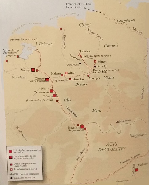 Mapa que indica las fronteras romanas en Germania, las rutas de Varo y el lugar de la batalla