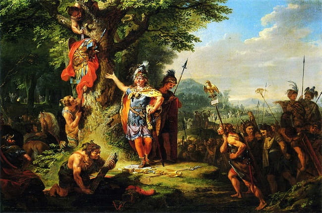 Obra de Johann Heinrich Tischbein hecha a mediados del siglo XVIII que imagina a Arminio celebrando su victoria sobre Varo en la batalla de Teutoburgo