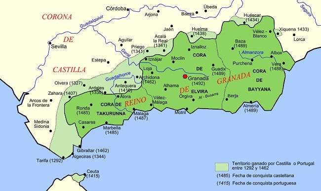 Territorio del reino nazarí durante el siglo XV, antes de la toma de Granada