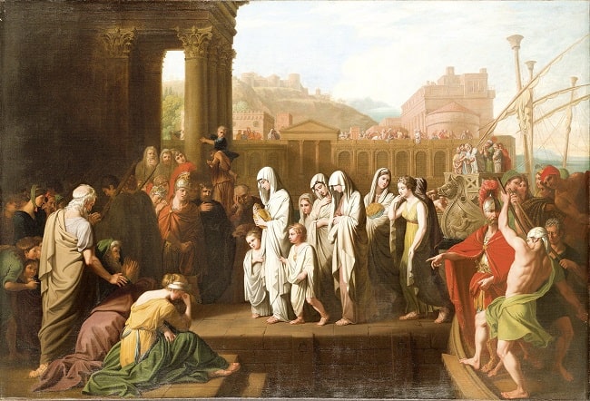 Agripina desembarcando en Brundisium con las cenizas de Germánico dispuesta a vengarse de Cneo Calpurnio Pisón, obra de Benjamin West hecha en el siglo XVIII