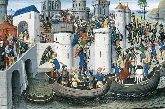 Conquista de Constantinopla por los cruzados en 1204, obra de David Aubert hecha en el siglo XV