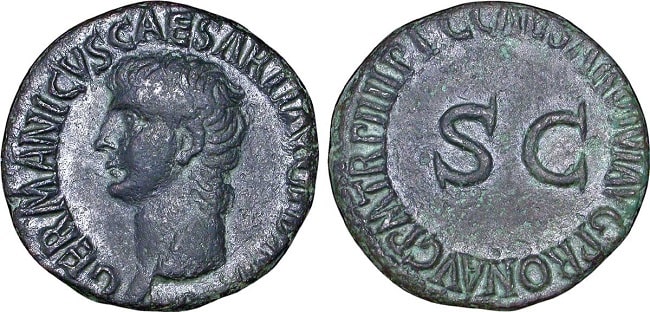 Moneda en la que se representa a Germánico Julio César, enemigo de Cneo Calpurnio Pisón