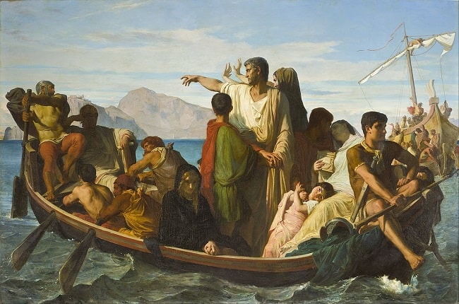 Tiberio Claudio Nerón se exilia, obra de Felix Joseph Barrias creada a mediados del siglo XIX