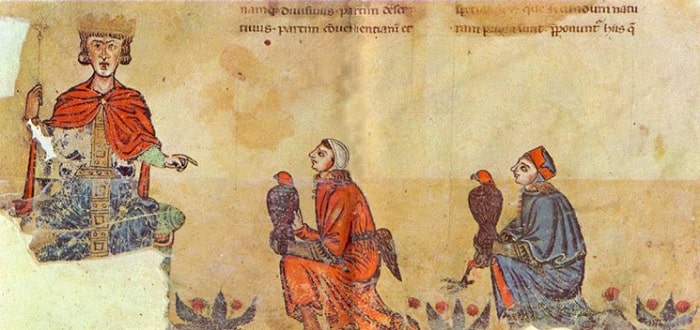 Federico II en el libro De arte venandi cum avibus (Sobre el arte de la cretería), elaborado en su corte siciliana
