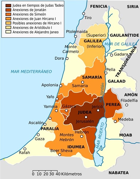 Mapa de la expansión del reino asmoneo donde tuvo lugar la rebelión de los macabeos