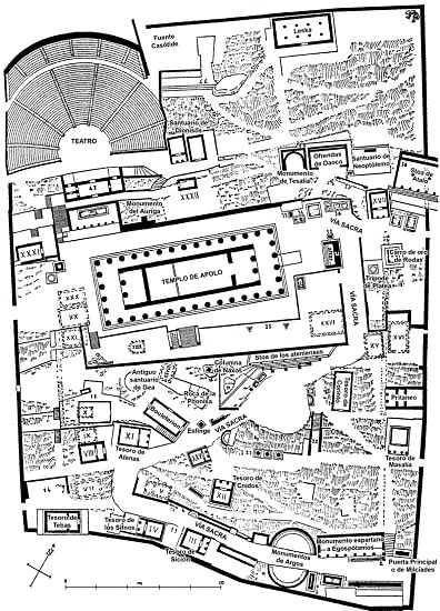 Planto del santuario de Delfos, con el gran templo a Apolo en el centro