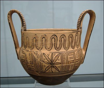 Vasija griega arcaica con motivos florales que recuerdan a las hojas de la marihuana