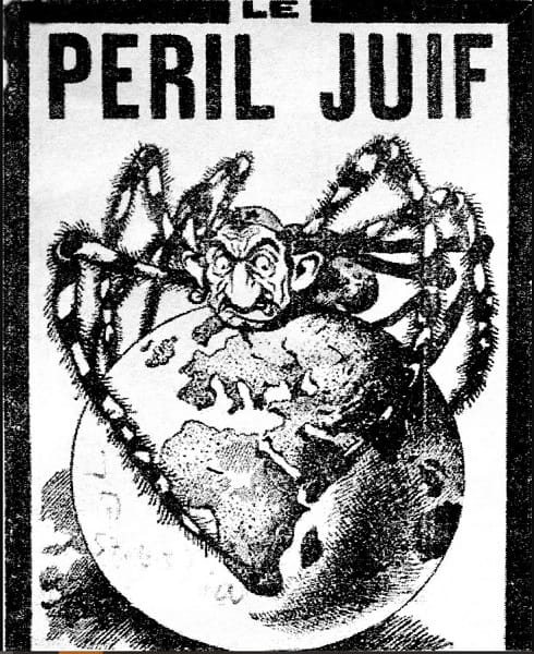 Portada de un panfleto antisemita publicado en París en 1934 en el que se ve a un judío como una araña que domina el mundo