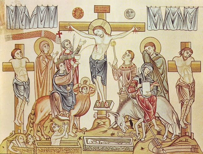 Ilustración sobre la crucifixión de Cristo hecha por Herrada de Landsberg en el siglo XII