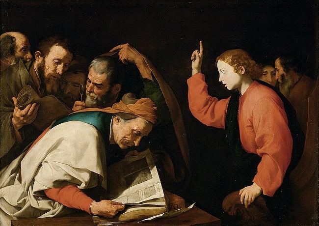 El Jesús histórico, a los 12 años de edad, con los versados en la fe, por José Ribera en el siglo XVII