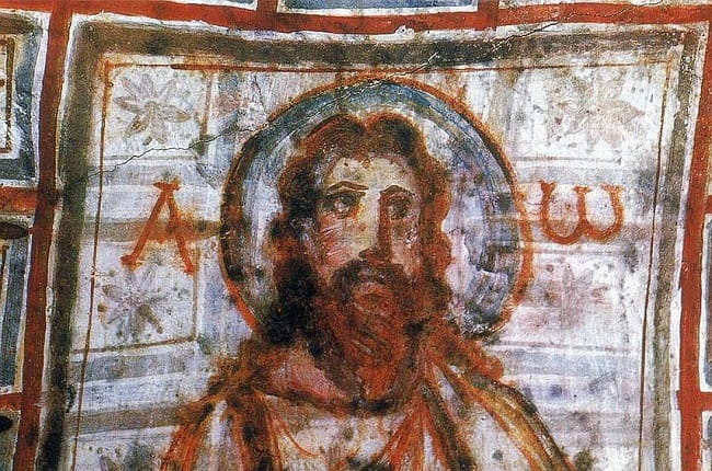 Pintura mural de la catacumba de Comodilla. Una de las primeras imágenes de Jesús con barba, como el dios Zeus, finales del siglo IV