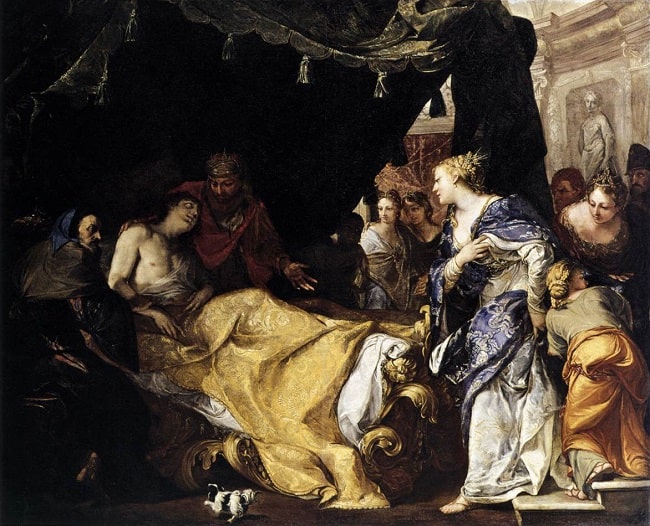 “Antíoco y Estratódice” cuadro de Antonio Bellucci (1700) donde se recrea la escena de su enamoramiento según Apiano