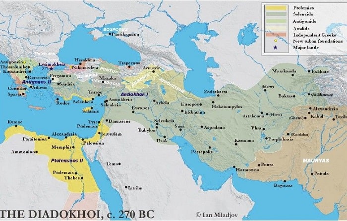Mapa del Imperio Seléucida de Antíoco I Sóter en el año 270 a. C.