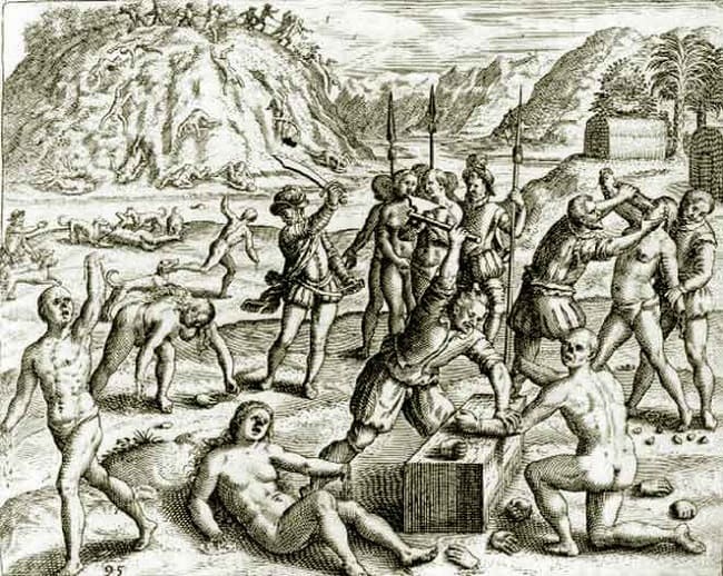 Grabado de Theodore de Bry en el que se ve cómo los hombres de Cristóbal Colón habrían masacrado a los indígenas que encontraron a su llegada