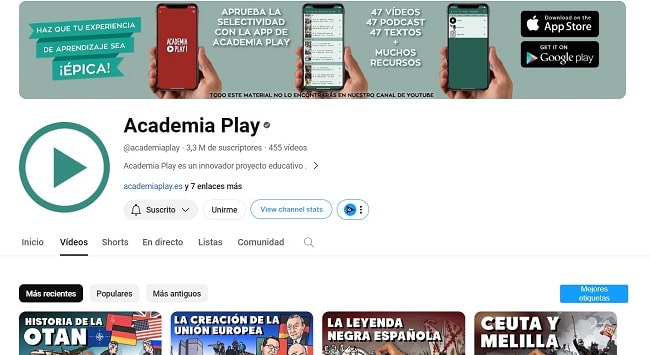 Pantalla de bienvenida del canal de youtube Academia Play, creado por Javier Rubio Donzé, creador de España contra su leyenda negra